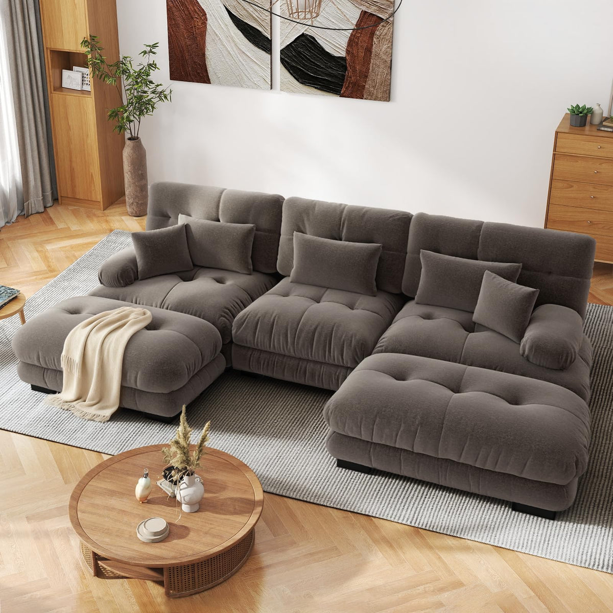 SoarFlash Sofá U Modular de 4 plazas para salón Moderno, sofá Nube de Tela Chenille con reposabrazos, Color Amarillo, 145×406 cm