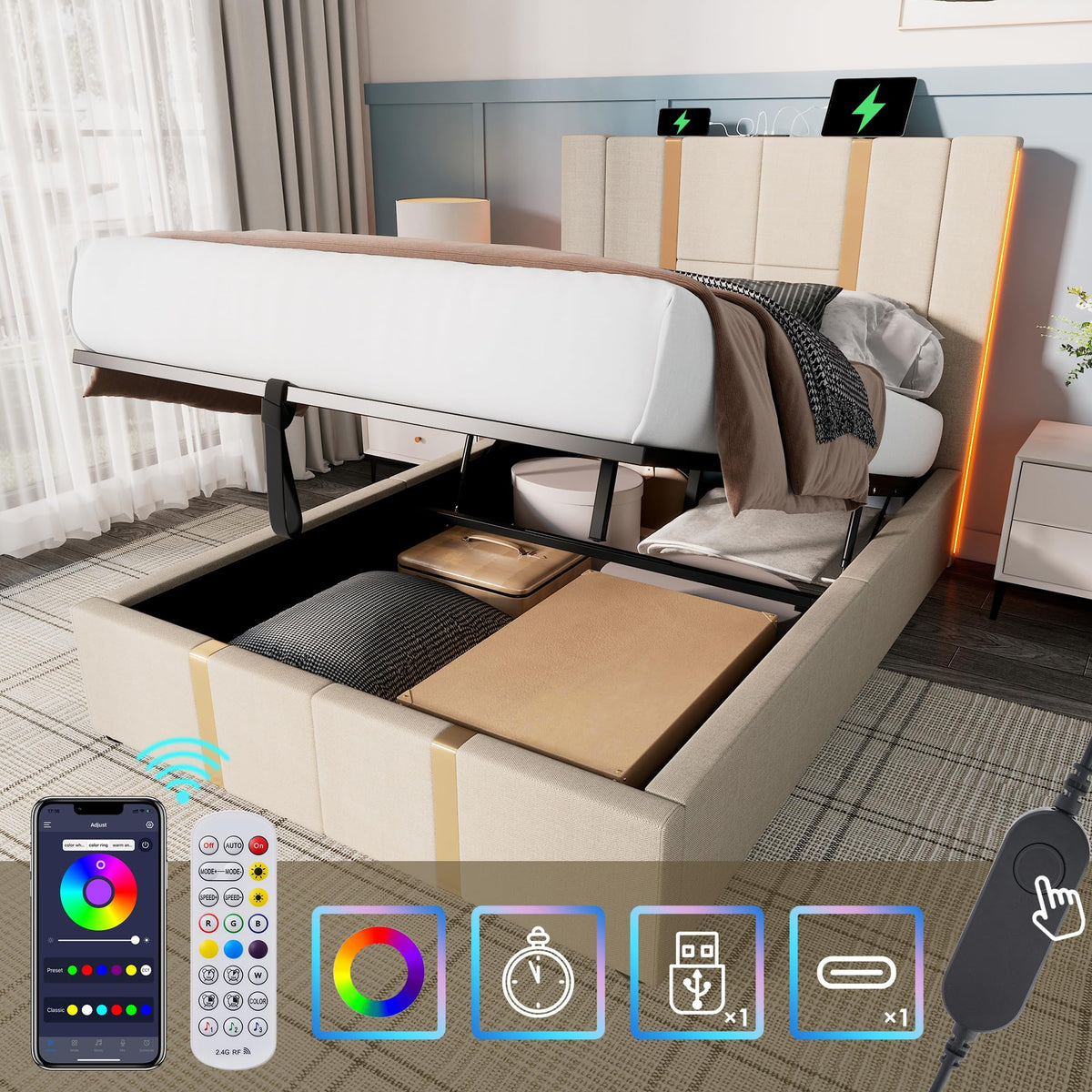 Cama tapizada doble USB tipo C función de carga APP Control LED 180 × 200 cm espacio espacio cama somier de láminas de madera, material de lino beige (sin colchón)