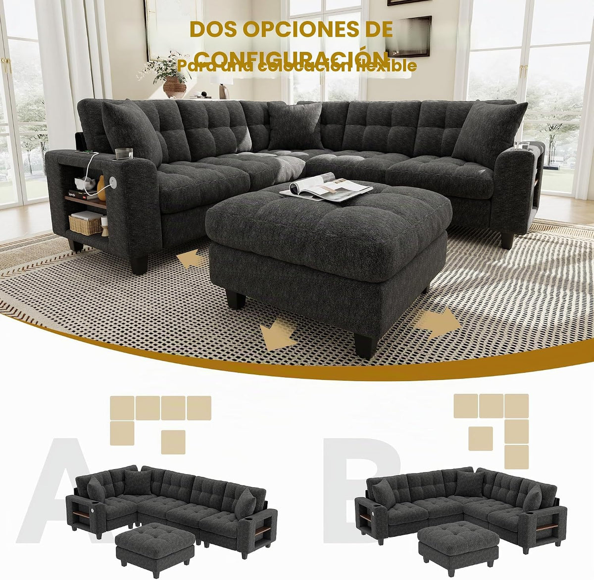 Sapgaks Sofá de esquina convertible de 6 plazas con USB, sofá convertible de 6 plazas, sofá de 6 plazas, en chenilla, con apoyabrazos en forma de librería, puf extraíble para configuraciones en L y en