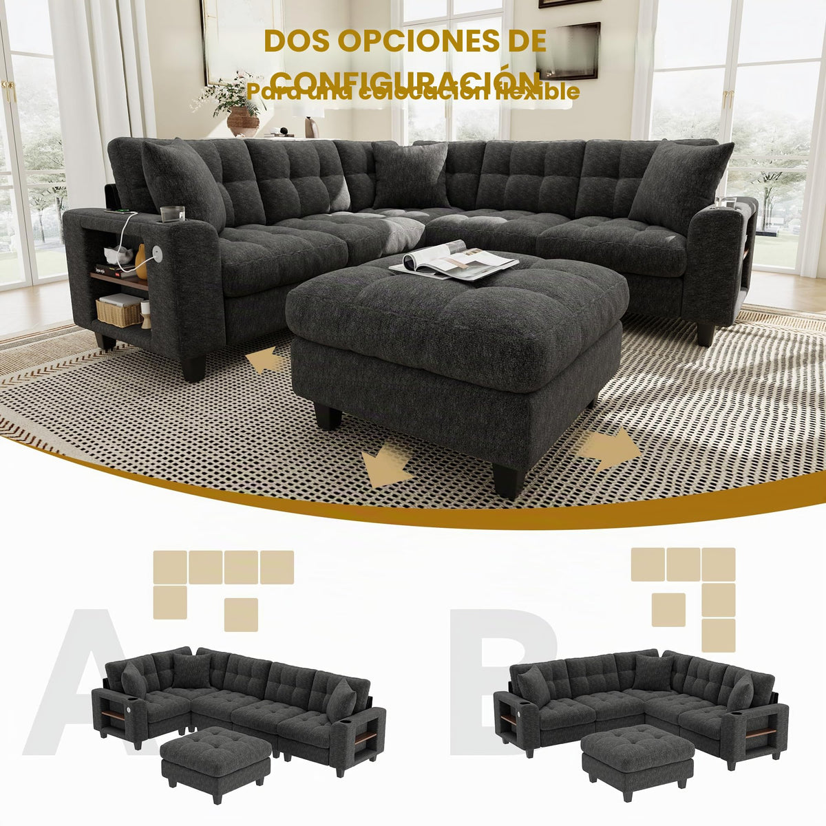 Sapgaks Sofá modular moderno de 6 plazas, con USB y portavasos, sofá de esquina modular muy grande en forma de U/L, con reposapiés extraíble y apoyabrazos con estantería, tela de chenilla, beige