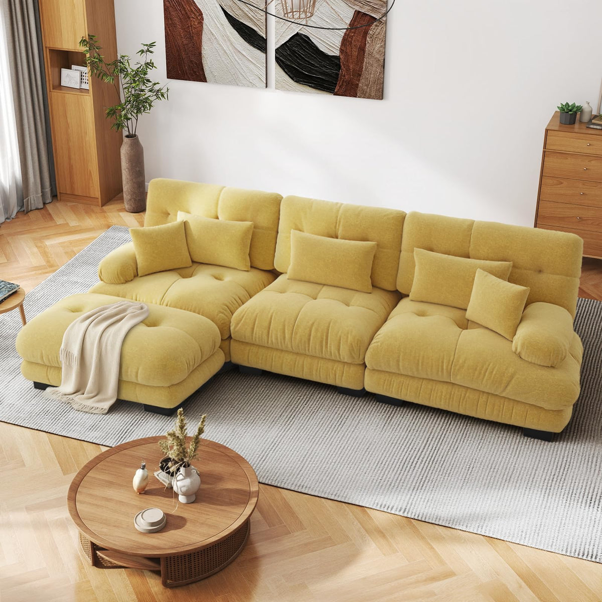 SoarFlash Sofá U Modular de 4 plazas para salón Moderno, sofá Nube de Tela Chenille con reposabrazos, Color Amarillo, 145×406 cm