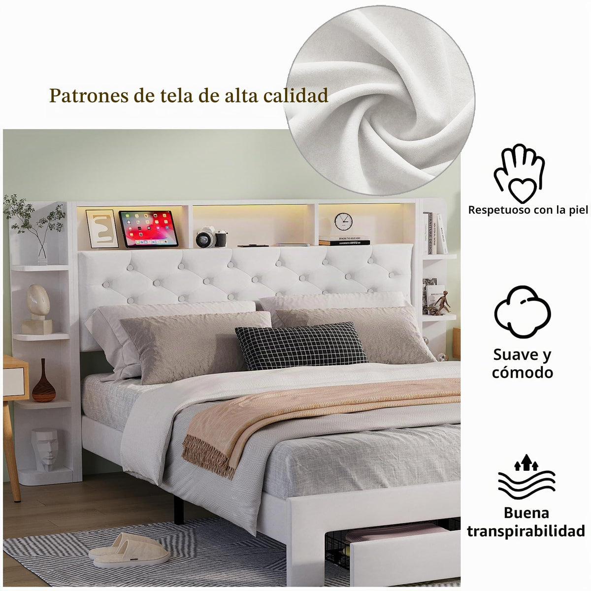 BRILVERDE Cama Tapizada 160x200 con Almacenamiento, Cama matrimonial con cajones, Cama Nido con LED, Cabecero Acolchado y Base de Láminas, Terciopelo (Beige, 160 x 200 cm)