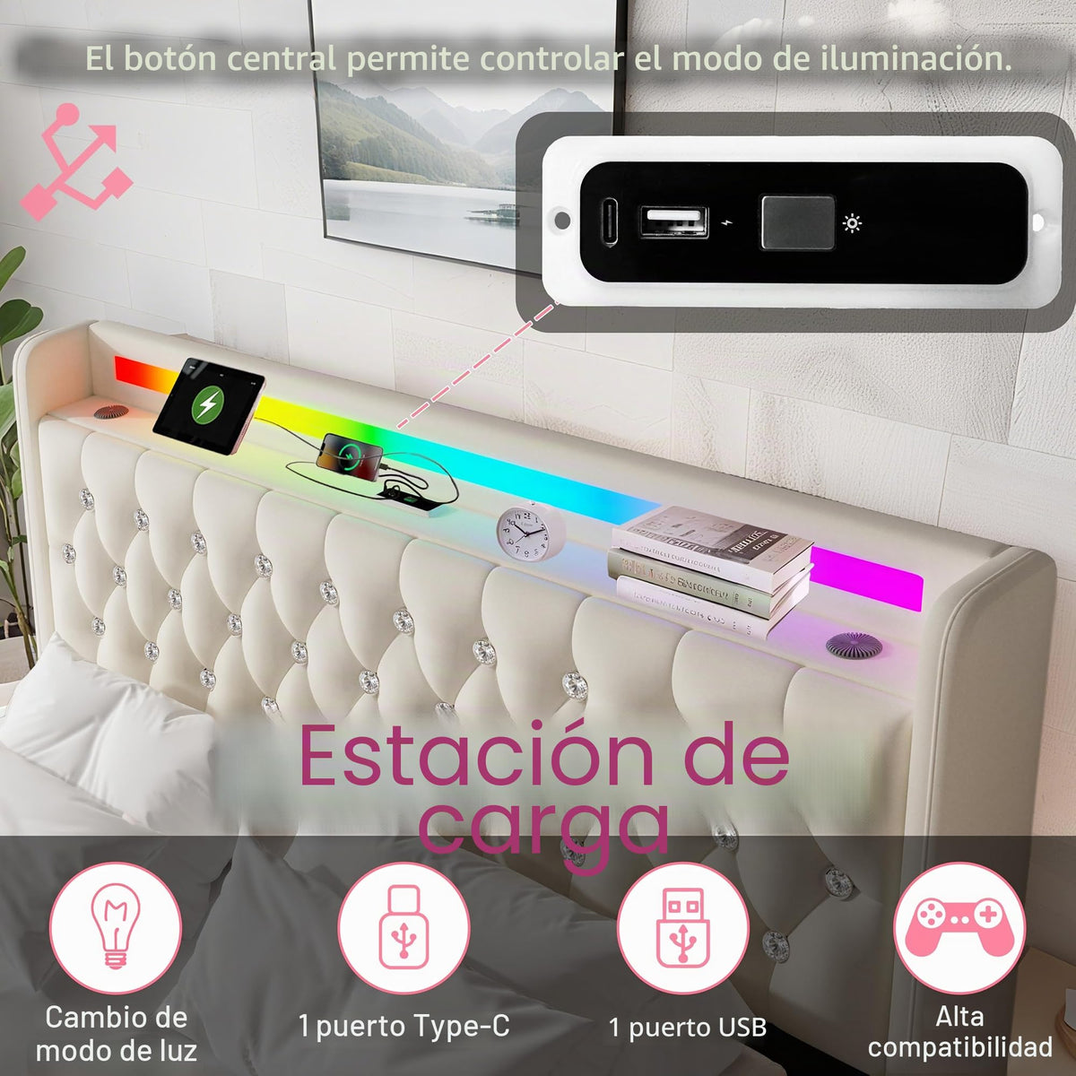 Estructura de Cama 140x200 cm con iluminación LED, Lino, Gris