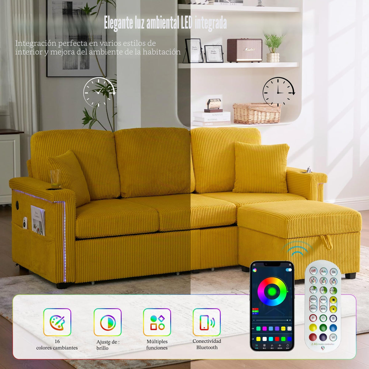 Lubvtti Sofá cama de 3 plazas moderno con función de cama, con espacio de almacenamiento, cargador USB, reposabrazos portaobjetos y 2 cojines, sofá de esquina en L, sofá de 3 plazas, chenilla (C-gris)