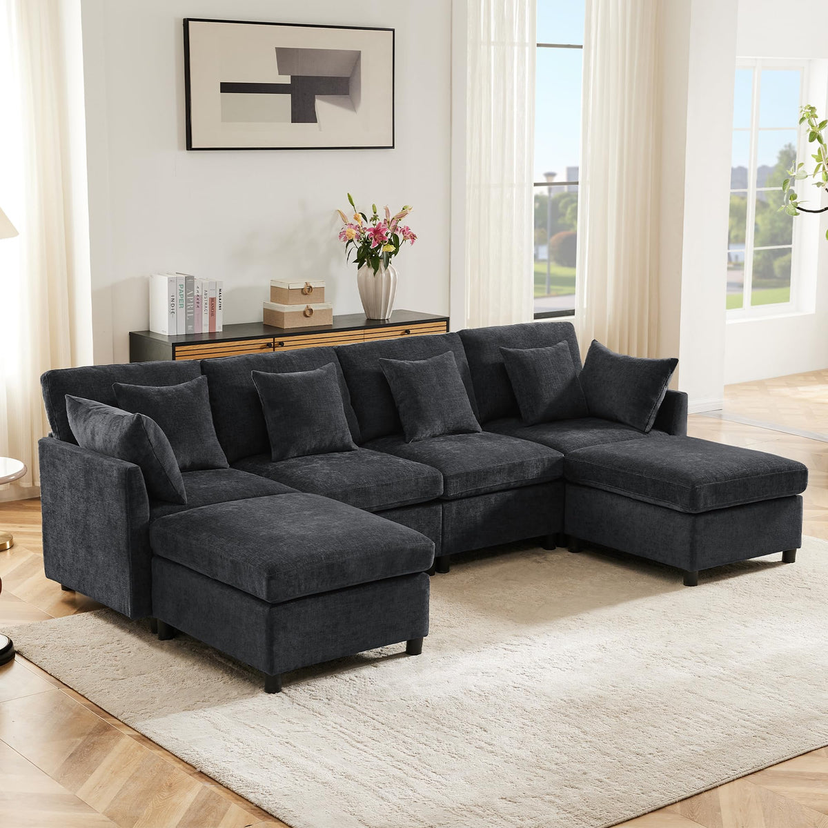 Sofá modular de 6 plazas, sofá esquinero en forma de L/U, puertos USB/tipo C, portavasos y espacio de almacenamiento, tela de chenilla, 7 cojines, salón, dormitorio y oficina, color beige