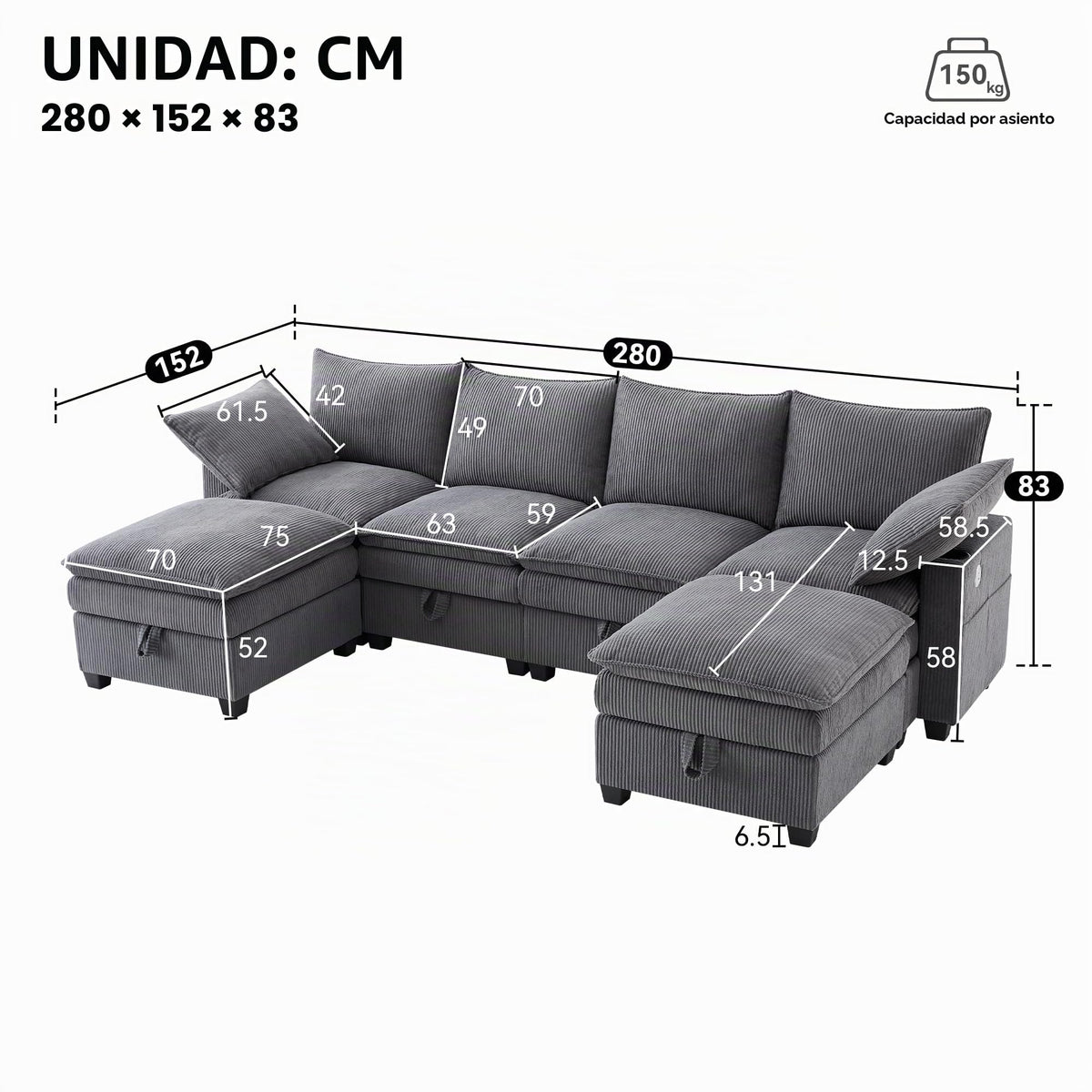 Sofá modular de 6 plazas, sofá esquinero en forma de L/U, puertos USB/tipo C, portavasos y espacio de almacenamiento, tela de chenilla, 7 cojines, salón, dormitorio y oficina, color beige