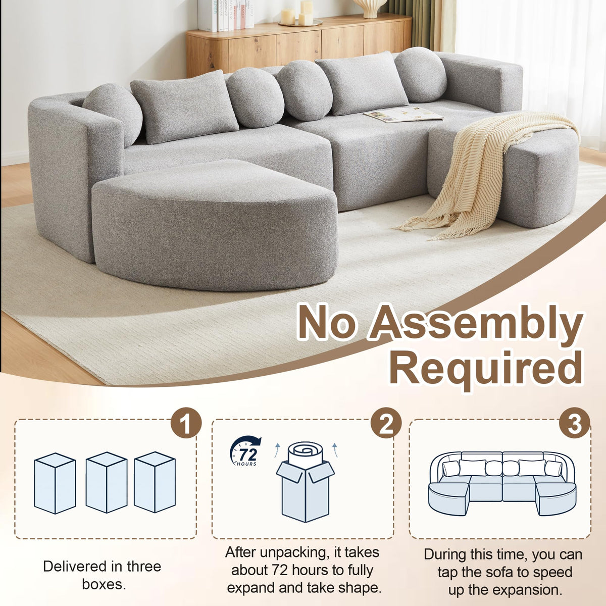 LAKFEW Sofa Cama con Cama Extensible y Taburete Almacenaje, Sofa Rinconera con USB, Lámpara de Lectura, Mesa Plegable con 2 Posavasos, 205x205x85 cm, Gris