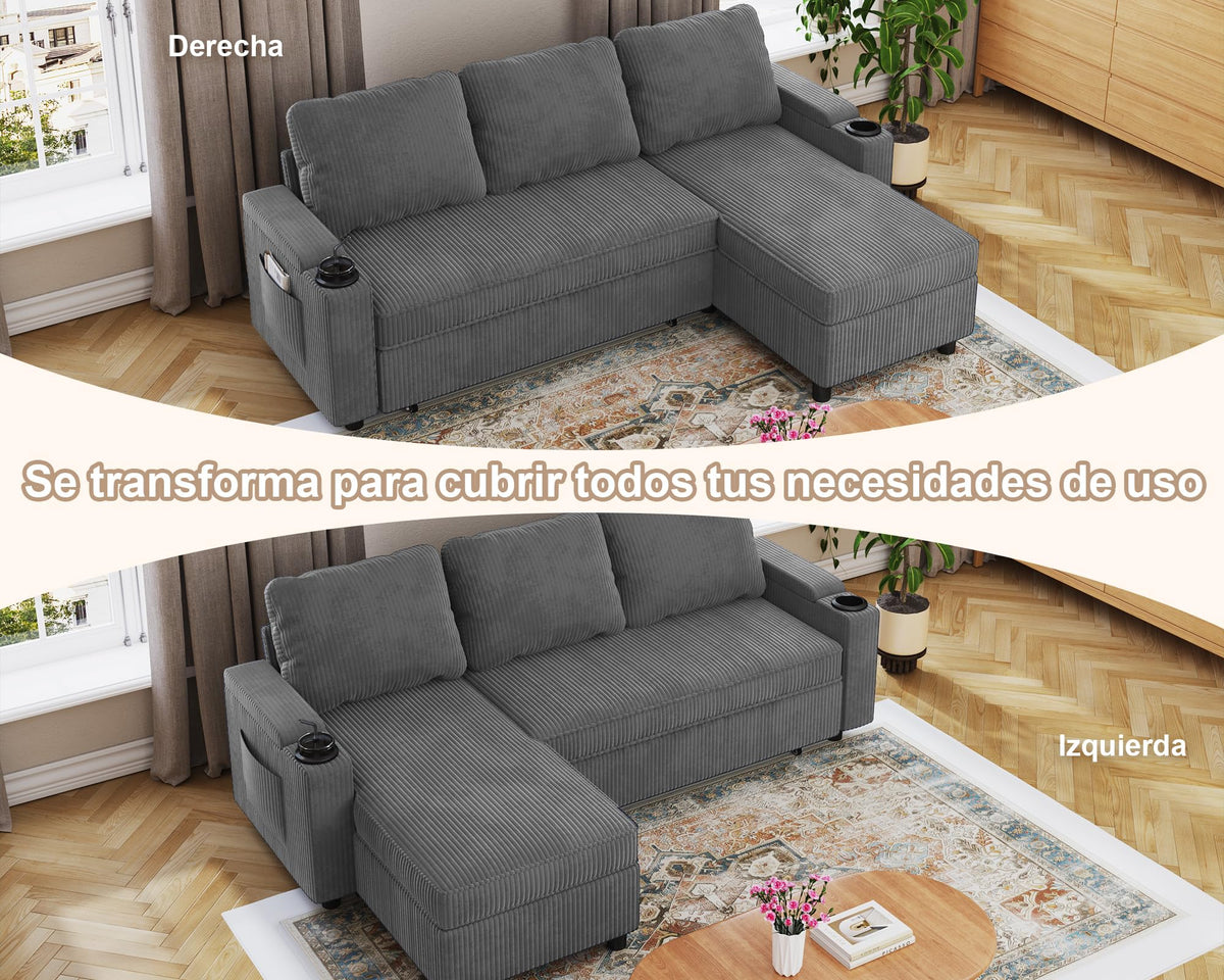 Devoko Sofá Cama L 3 plazas Azul Marino con almacén y portavasos, sofá Convertible Suave para salón y Piso, multifunción con Brazos amplios y Gran almacenaje
