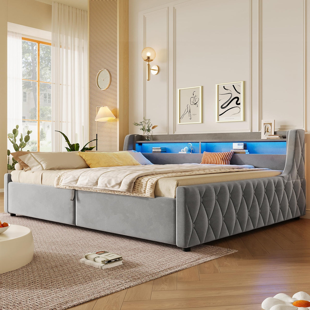 Cama con plataforma de terciopelo 90 x 200 cm, con espacio de almacenamiento hidráulico e iluminación LED (color crema, 90 x 200 cm)