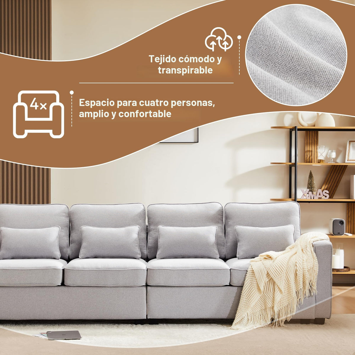 Sofá moderno de 4 plazas, en tejido de lino, soporte para bebidas, 2 puertos de carga USB con cable, bolsillos en reposabrazos y 4 cojines, sofá sencillo para sala de estar