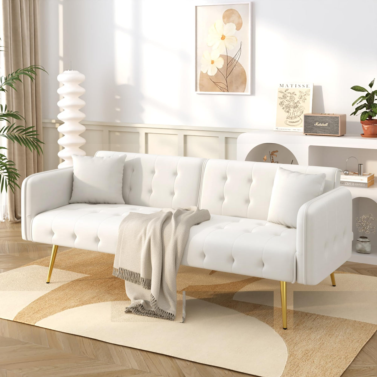 Sofá cama con esquinas ajustables, patas doradas, almohadas y bolsillos laterales para almacenamiento (Bavia)
