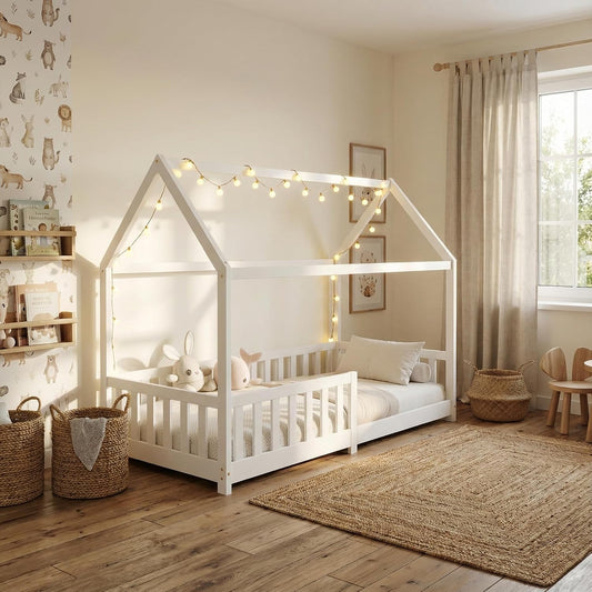 ecomi® Cama Infantil con Protección Anticaídas, Blanco, 80x160 cm