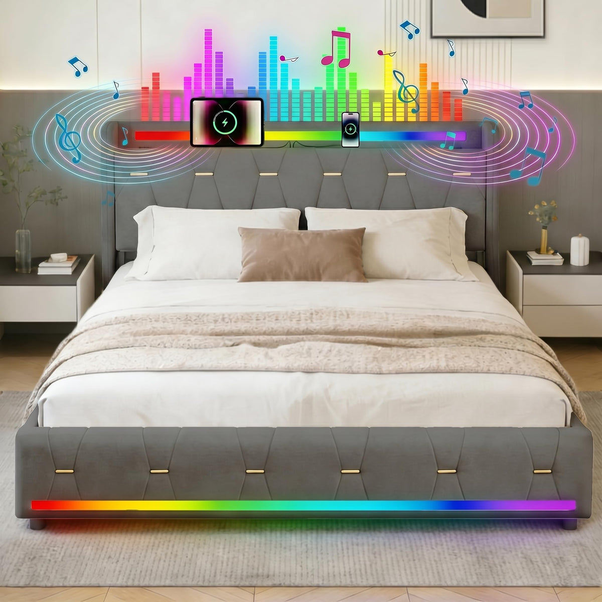 Estructura de Cama 140x200 cm con iluminación LED, Lino, Gris