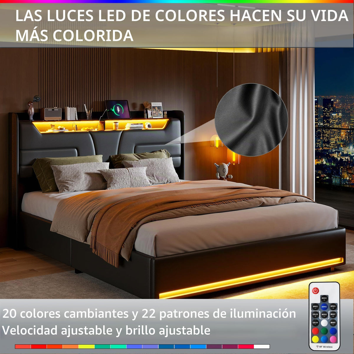Cama tapizada de 160 x 200 cm, cama doble LED con espacio de almacenamiento, cabecero y función de carga USB C, cama de almacenamiento hidráulico, respaldo con somier de láminas de madera