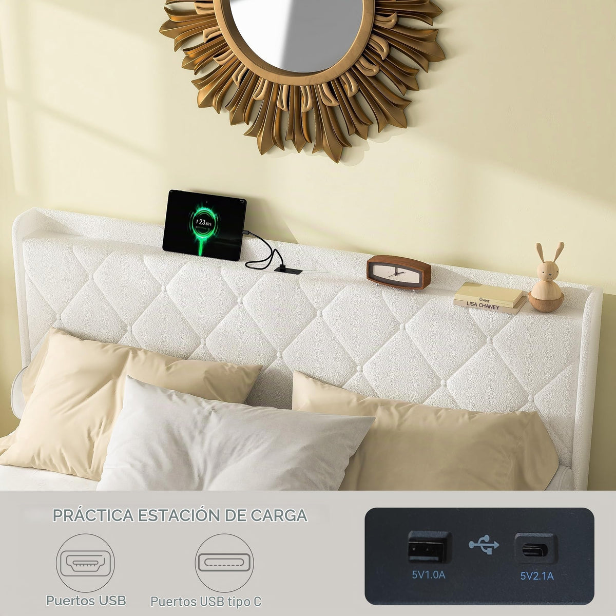 Cama tapizada de 160 x 200 cm con espacio de almacenamiento e iluminación LED, cama doble hidráulica con detalles dorados, cama de terciopelo de lujo con sincronización de música y