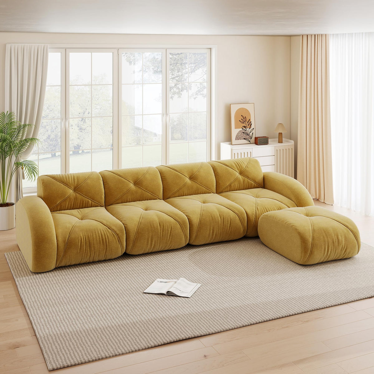 Sofá de esquina en forma de L de 4 plazas con reposapiés, sofá modular Cloud sin marcos de chenilla, sofá de estar suave, antideslizante, combinable de forma flexible, sin montaje, salón color