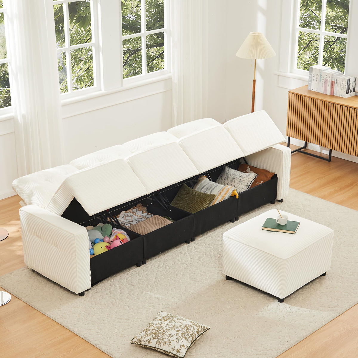 LAKFEW Sofa Cama con Cama Extensible y Taburete Almacenaje, Sofa Rinconera con USB, Lámpara de Lectura, Mesa Plegable con 2 Posavasos, 205x205x85 cm, Gris