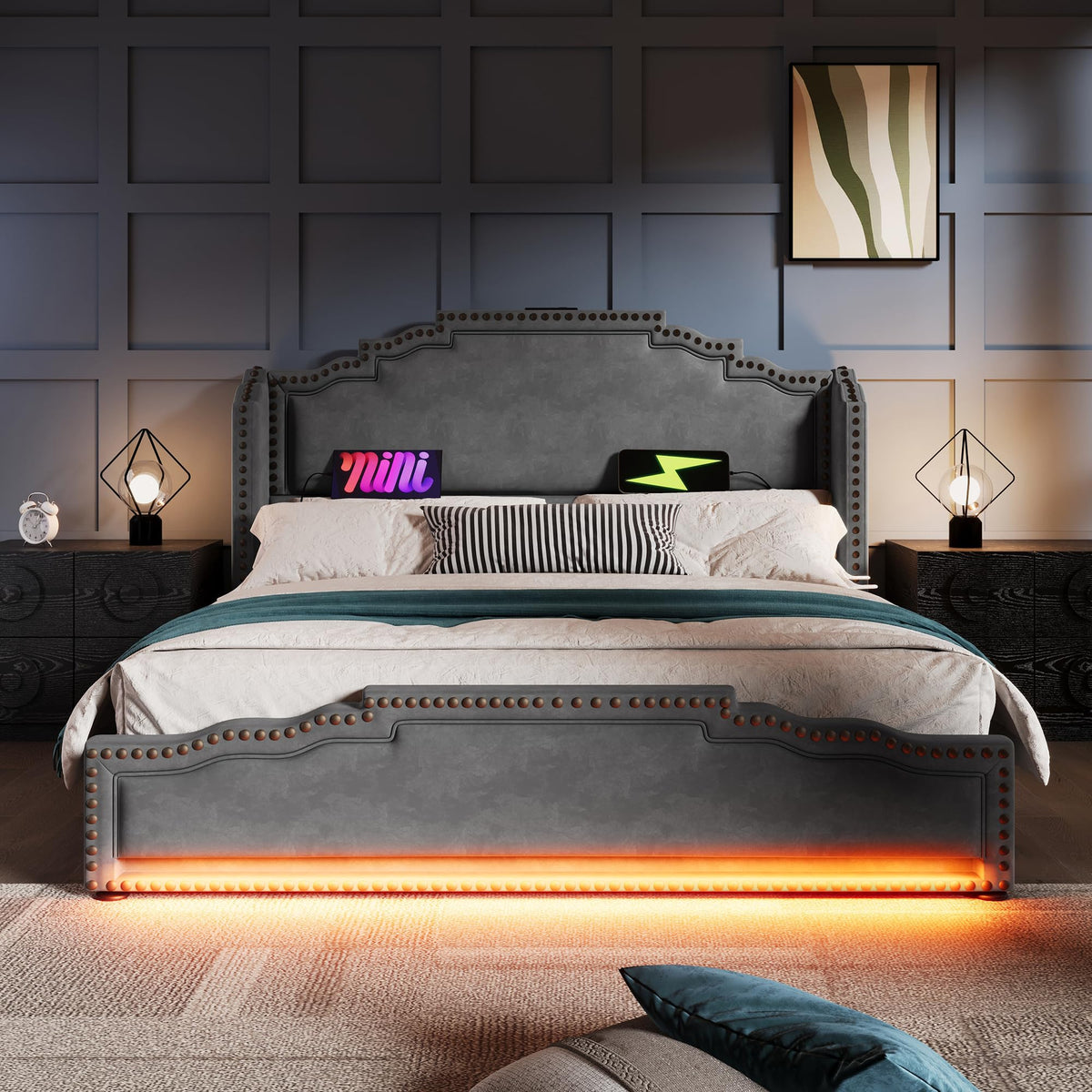 Cama tapizada de 160 x 200 cm, cama doble con 4 cajones, iluminación LED y puerto de carga USB-C, cama de almacenamiento y cama juvenil con somier, terciopelo, beige, sin colchón