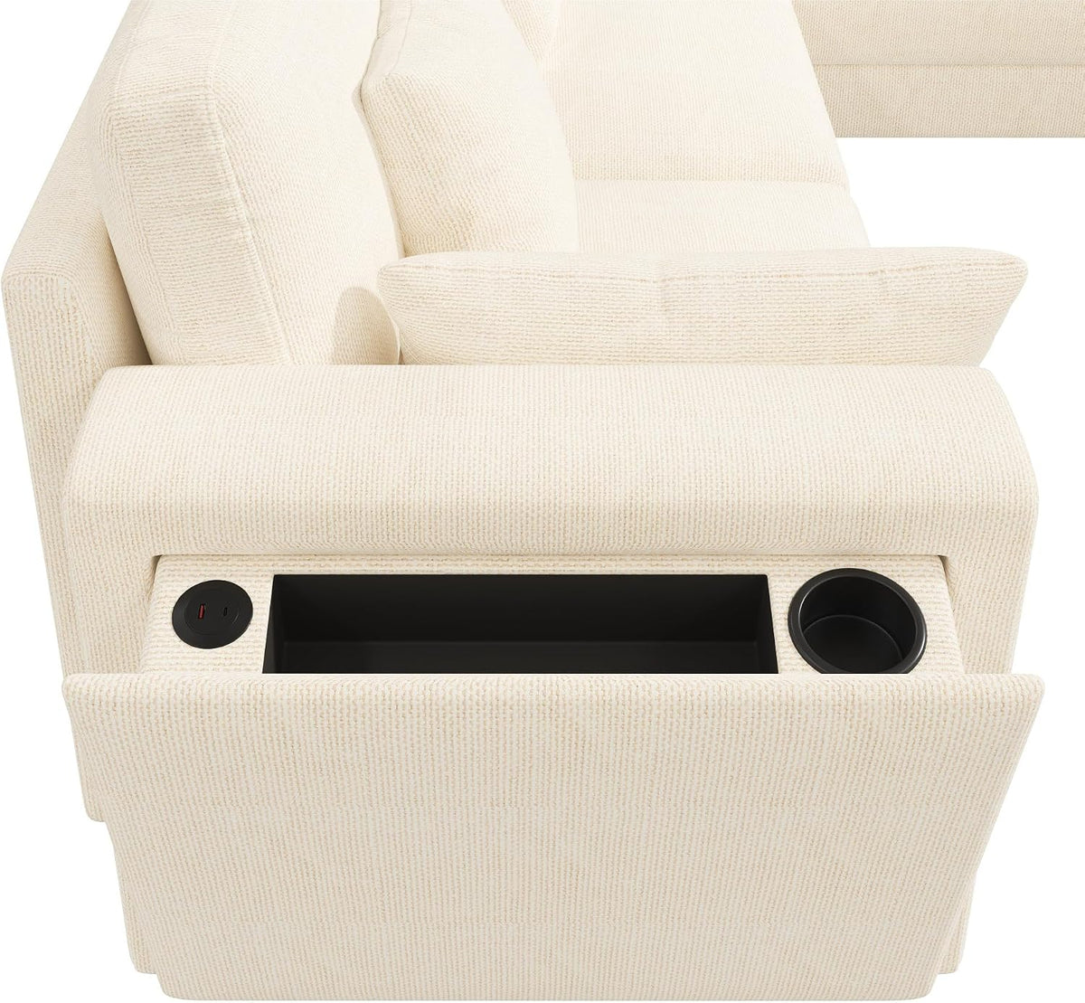 Sofá modular de 6 plazas, sofá esquinero en forma de L/U, puertos USB/tipo C, portavasos y espacio de almacenamiento, tela de chenilla, 7 cojines, salón, dormitorio y oficina, color beige