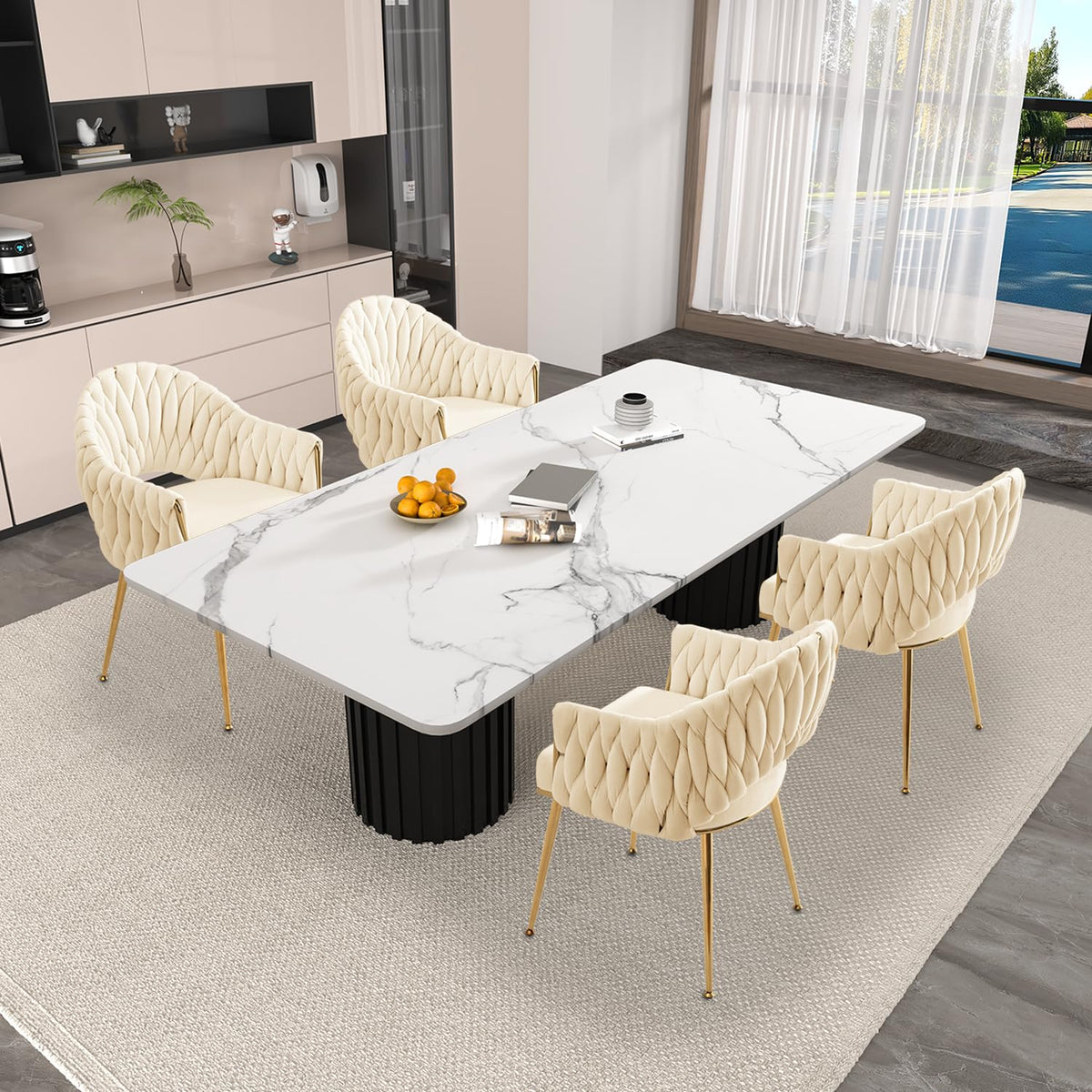Juego de 4 sillas de comedor de terciopelo, sillones de salón, sillas de comedor con reposabrazos, sillas de cocina con respaldo alto trenzado a mano, silla de tocador con patas doradas