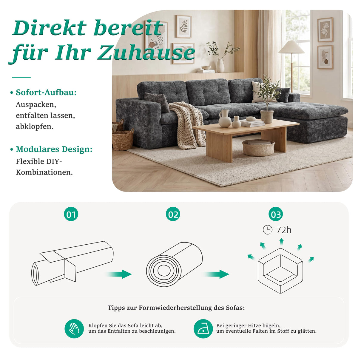Sofá modular de 3 plazas con función de dormir, asiento extra profundo, felpilla para el hogar, sofá sin marco, sofá cama flexible para salón, verde