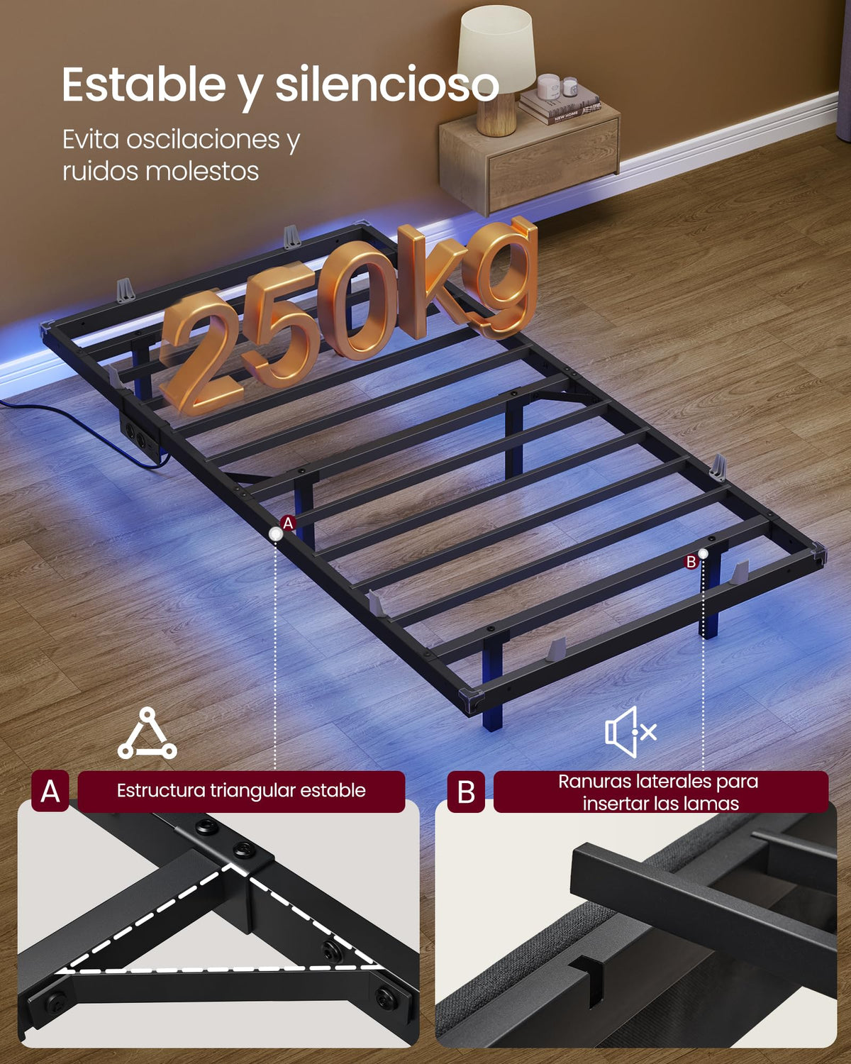 VASAGLE Marco de Cama Flotante, 140 x 200 cm, LED, 2 Tomas y 3 USB