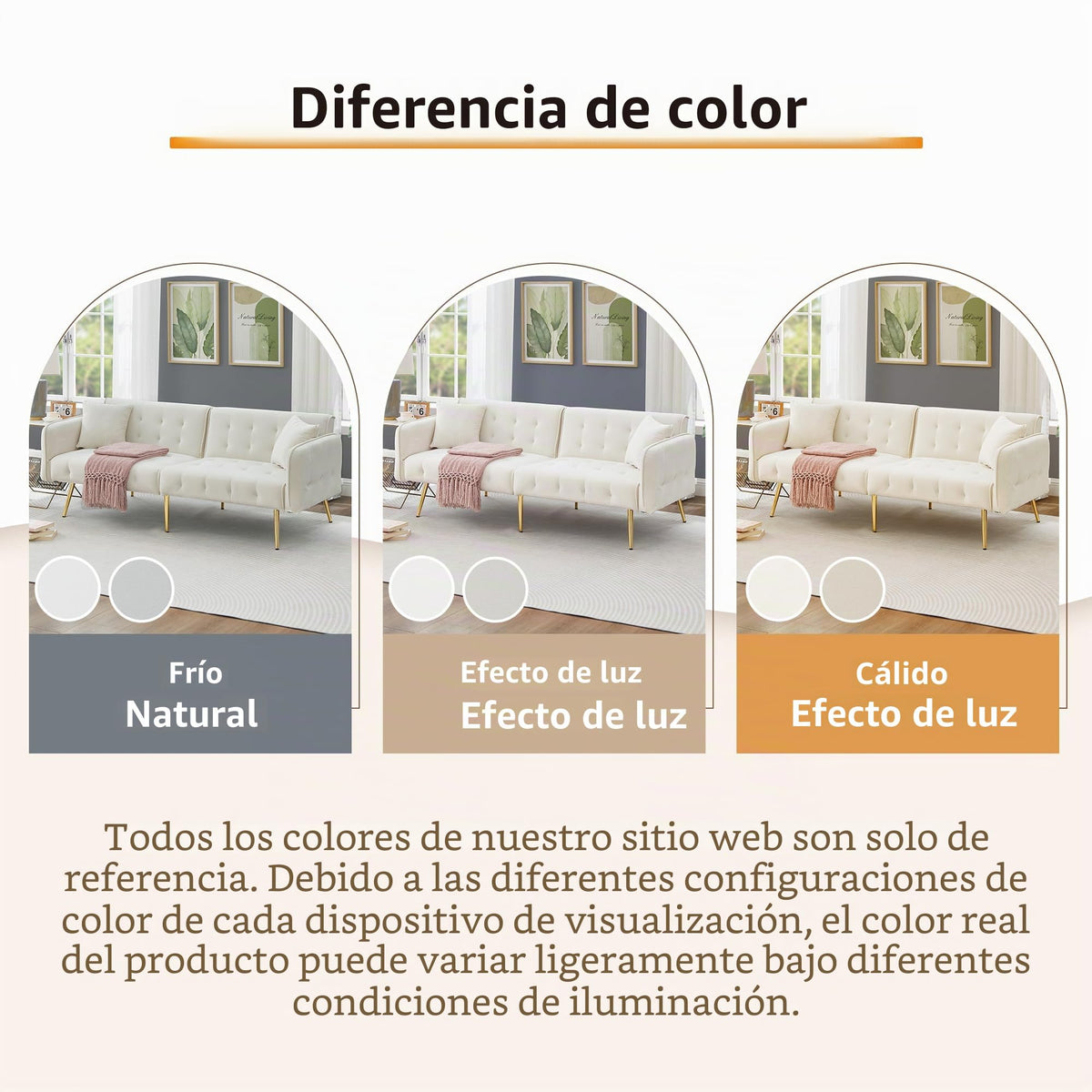 Sofá cama con esquinas ajustables, patas doradas, almohadas y bolsillos laterales para almacenamiento (Bavia)
