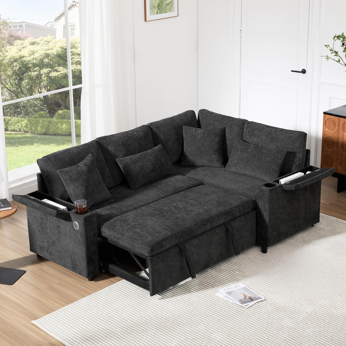 Lubvtti Sofá cama de 3 plazas moderno con función de cama, con espacio de almacenamiento, cargador USB, reposabrazos portaobjetos y 2 cojines, sofá de esquina en L, sofá de 3 plazas, chenilla (C-gris)