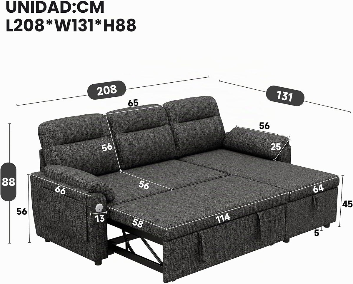Sofá modular de 3 plazas con función cama extensible y USB/Type-C, sofá esquinero en forma de L con reposacabezas semifijos y compartimento de almacenamiento, sofás con chaise longue