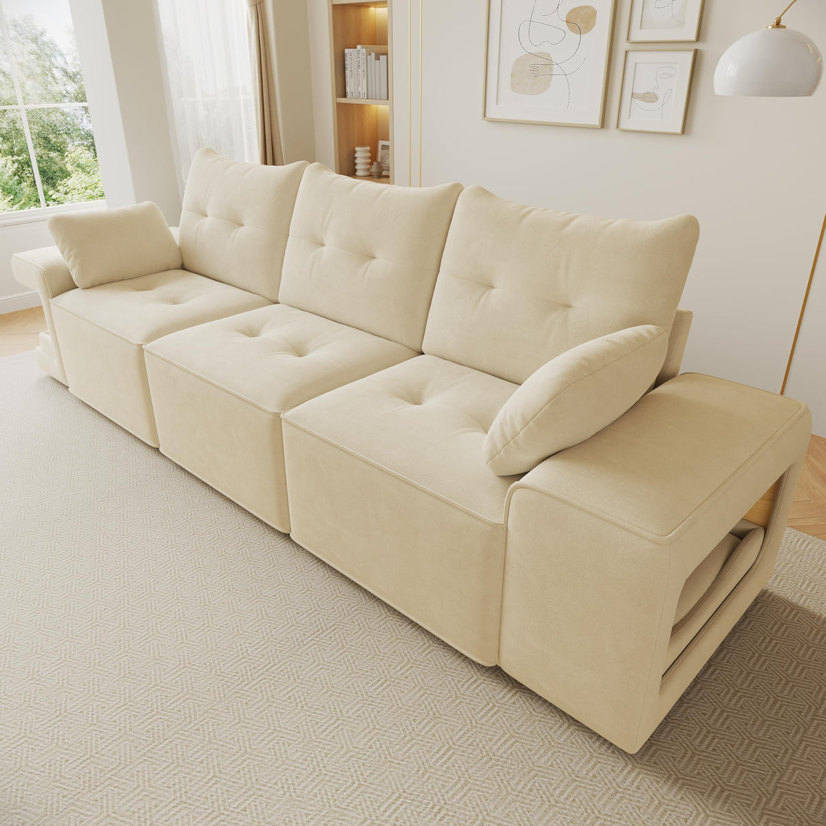 Sofá modular de 6 plazas, sofá esquinero en forma de L/U, puertos USB/tipo C, portavasos y espacio de almacenamiento, tela de chenilla, 7 cojines, salón, dormitorio y oficina, color beige