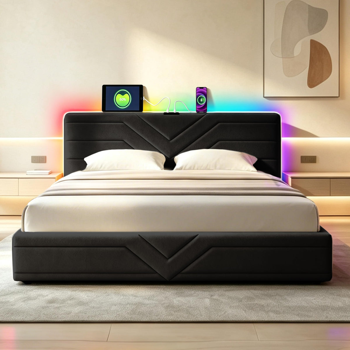 Armazón de Cama de Cuero 140x200cm con luz LED, Blanco