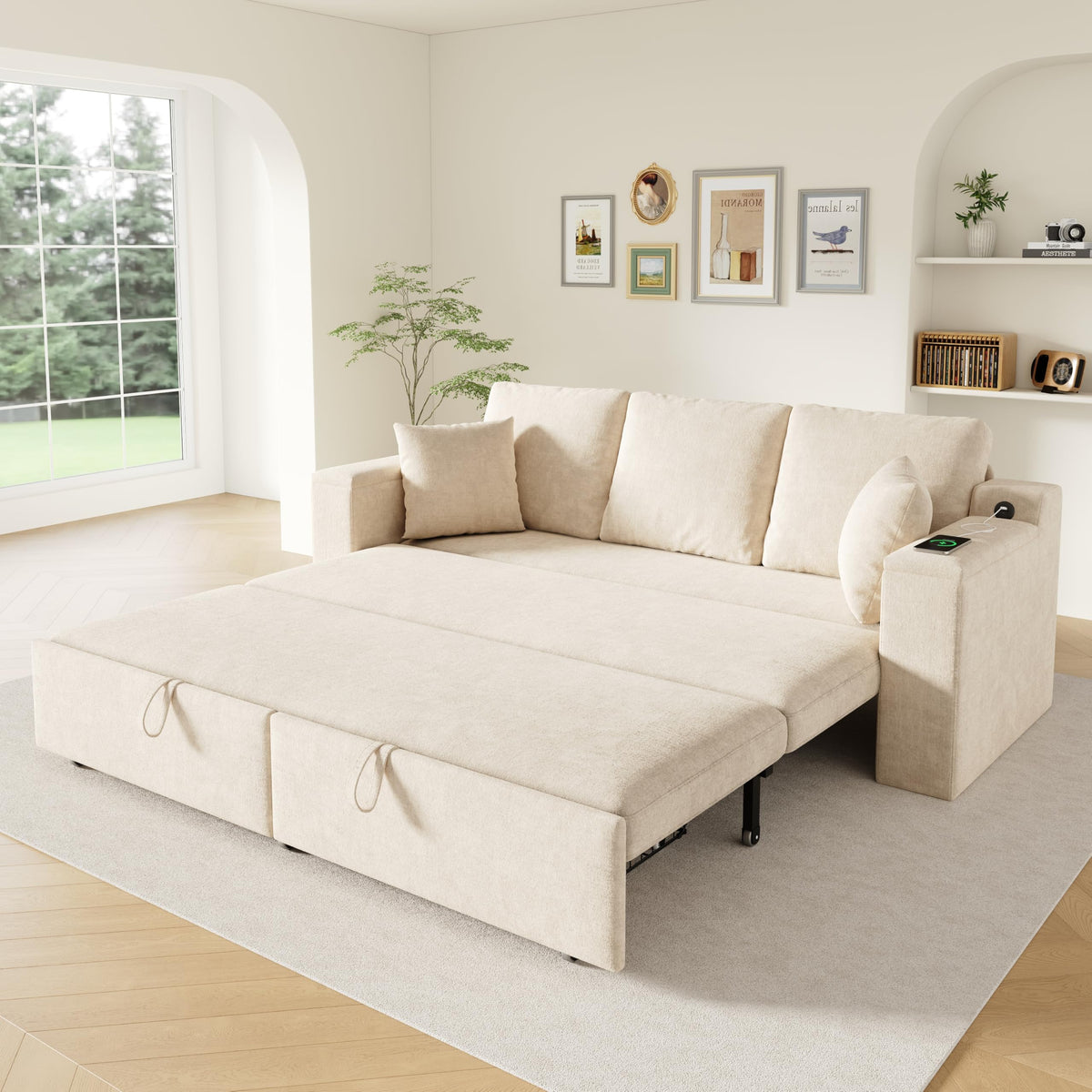 Sofá cama de 210 cm, multifuncional, 3 plazas, con función de dormir, sofá cama extensible, sofá con espacio de almacenamiento, reposabrazos y puerto de carga USB, para salón y dormitorio, color