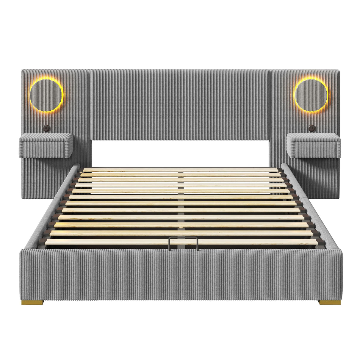Moimhear Cama tapizada de terciopelo, cabecero LED, conectores USB, almacenamiento hidráulico