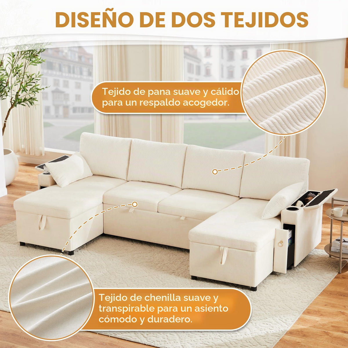 Kebnor Sofá cama de cuatro plazas en forma de U con soporte para bebidas, sofá de esquina con espacio de almacenamiento y función de descanso. Incluye soporte para bebidas y almohadas. Sofá