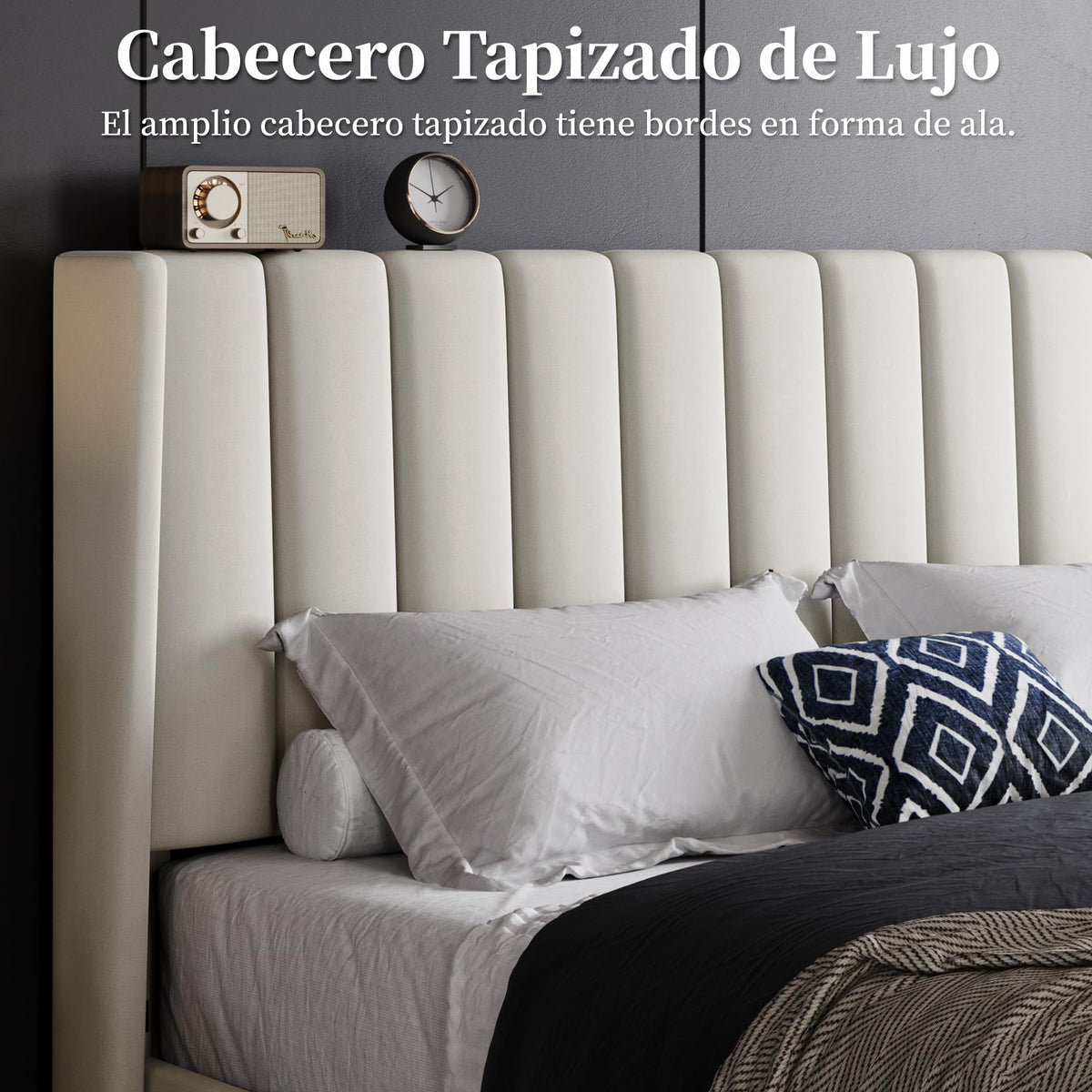 Yaheetech Cama Doble Tapizada 140 x 200cm con Somier de Lamas con Cabecero Rayado Moderno Estructura de Madera y Metal Marco de Cama para Adultos 2 Personas Beige