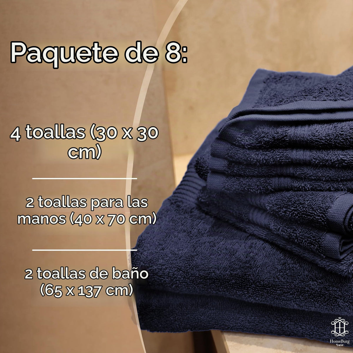 Luxe Set de Toallas 100% Algodón - 8 Piezas, 3 tamaños (30×30, 40×70 y 65×137 cm) - Suaves, absorbentes y de fácil Cuidado, Blanco