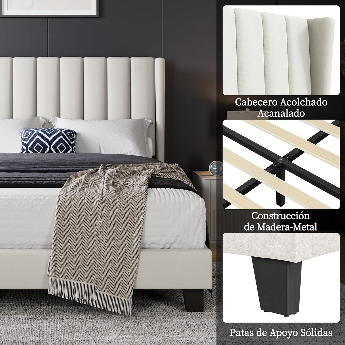 Yaheetech Cama Doble Tapizada 140 x 200cm con Somier de Lamas con Cabecero Rayado Moderno Estructura de Madera y Metal Marco de Cama para Adultos 2 Personas Beige