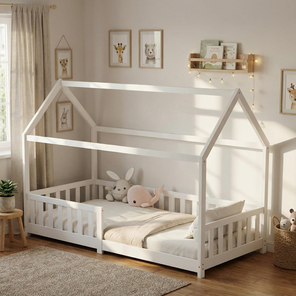 ecomi® Cama Infantil con Protección Anticaídas, Blanco, 80x160 cm