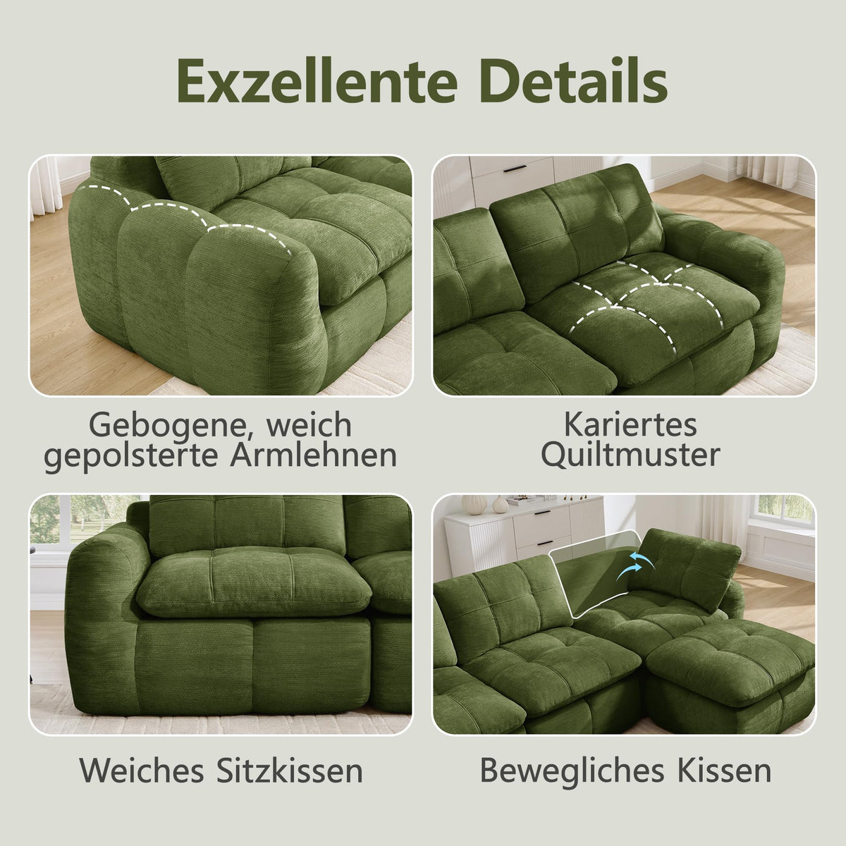 Sofá de 3 plazas con 1 taburete chenilla beige