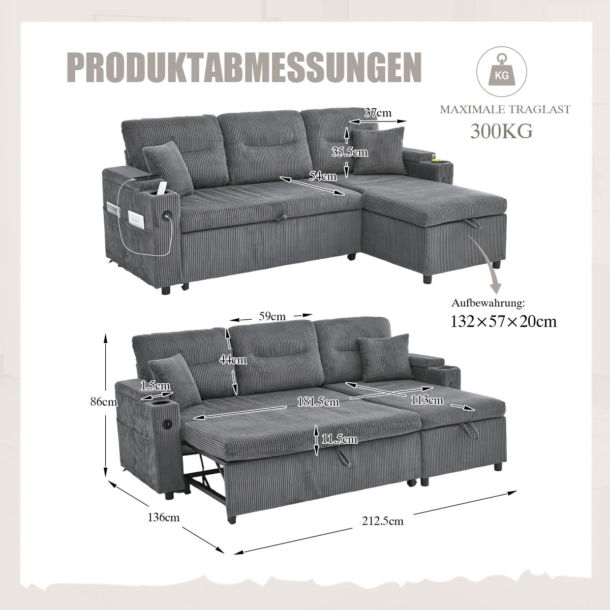 Dolamaní Sofá moderno de 4 plazas de tela de lino con espacio de almacenamiento y función de dormir, sofá cama con cajonera extensible en forma de L para casa y salón (beige B)