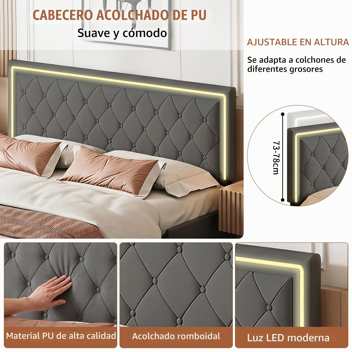 BRILVERDE Cama Tapizada 160x200 con Almacenamiento, Cama matrimonial con cajones, Cama Nido con LED, Cabecero Acolchado y Base de Láminas, Terciopelo (Beige, 160 x 200 cm)