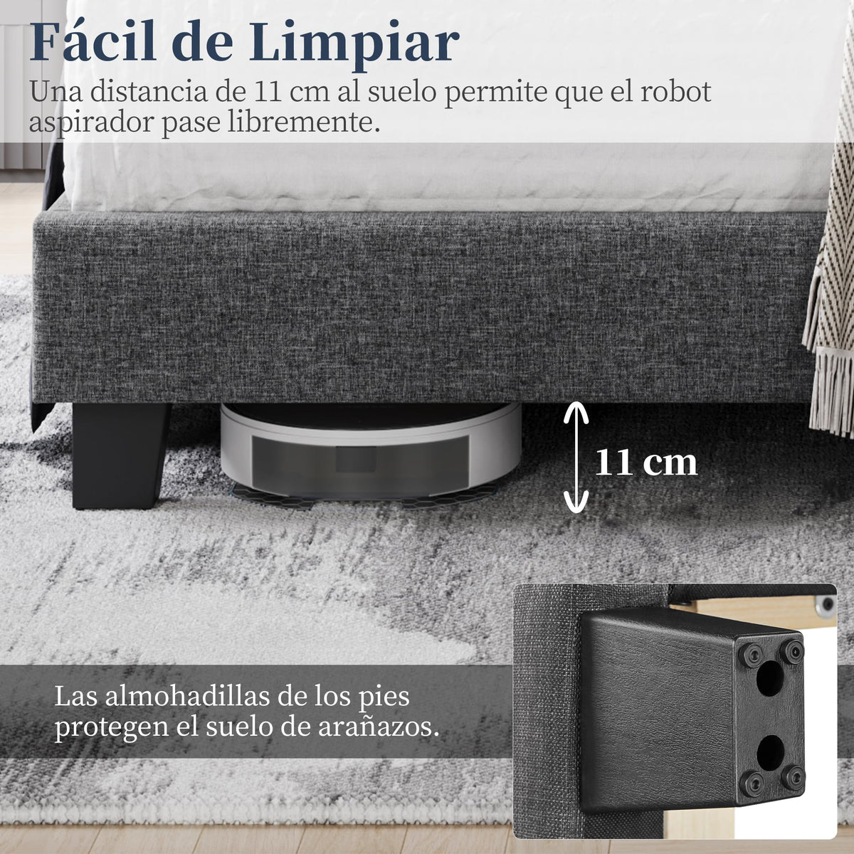 Yaheetech Cama Doble Tapizada 140 x 200cm con Somier de Lamas con Cabecero Rayado Moderno Estructura de Madera y Metal Marco de Cama para Adultos 2 Personas Beige