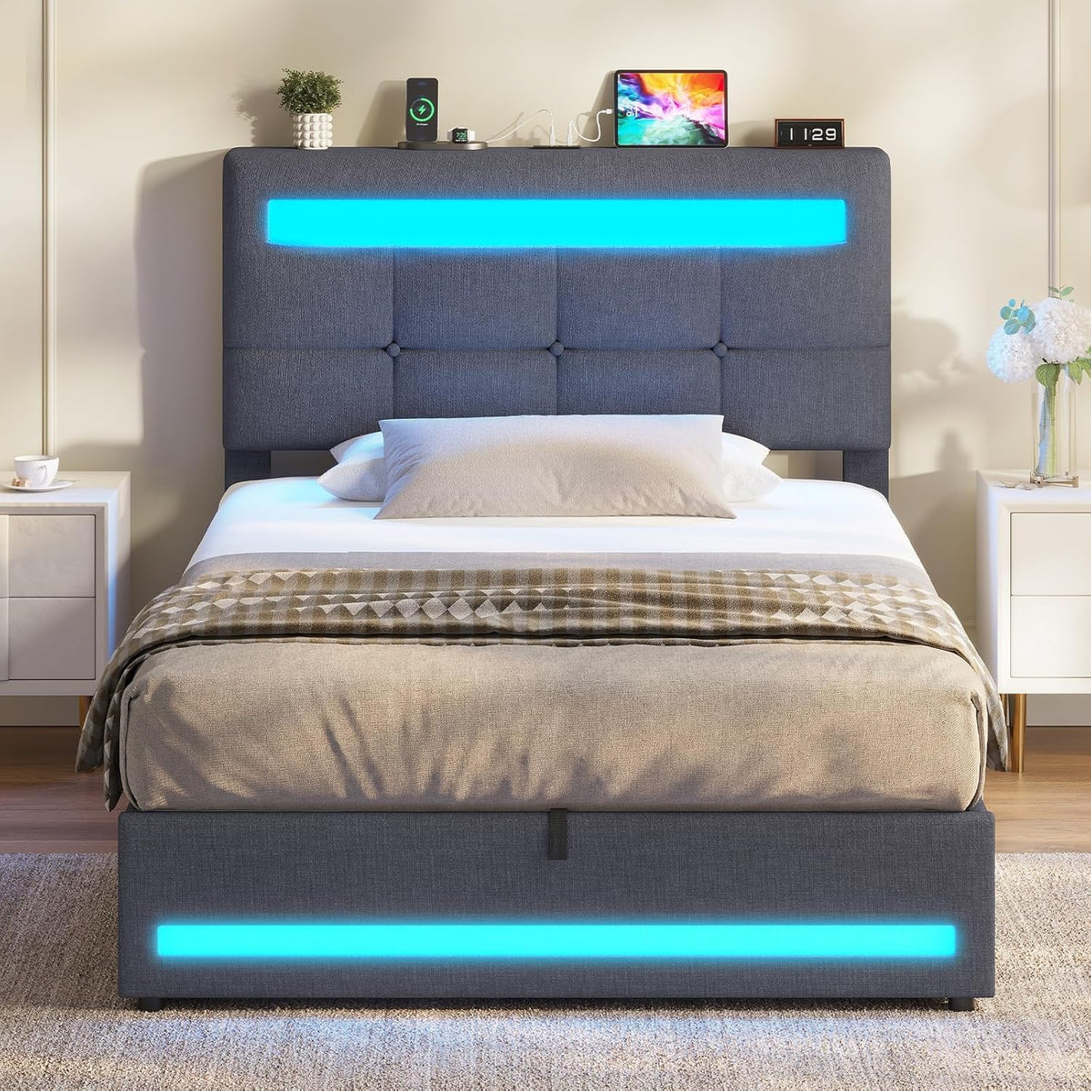 AOGLLATI Camas Matrimoniales 140x190 cm con Almacenamiento Hidráulico, Cama Canapé con Cabecero Ajustable, Estructura de Cama con Luces LED y Estación de Carga (USB y Tipo-C), Gris Oscuro
