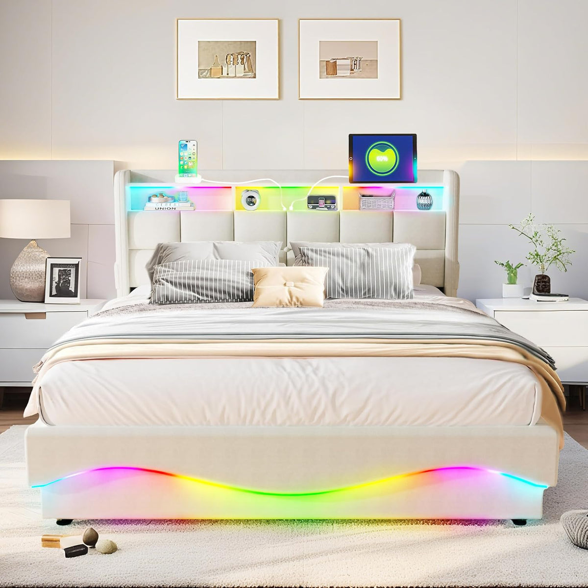Estructura de Cama de Cuero 160x200cm con Carga USB Type-C, Blanco