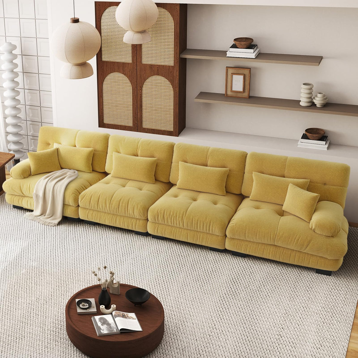 SoarFlash Sofá U Modular de 4 plazas para salón Moderno, sofá Nube de Tela Chenille con reposabrazos, Color Amarillo, 145×406 cm