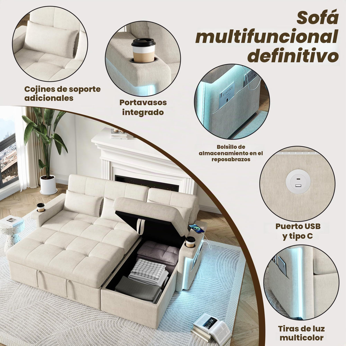 Bladez Sofá cama extensible en forma de L de lino con espacio de almacenamiento, soporte para bebidas, sofá modular de 3 plazas para salón (gris)
