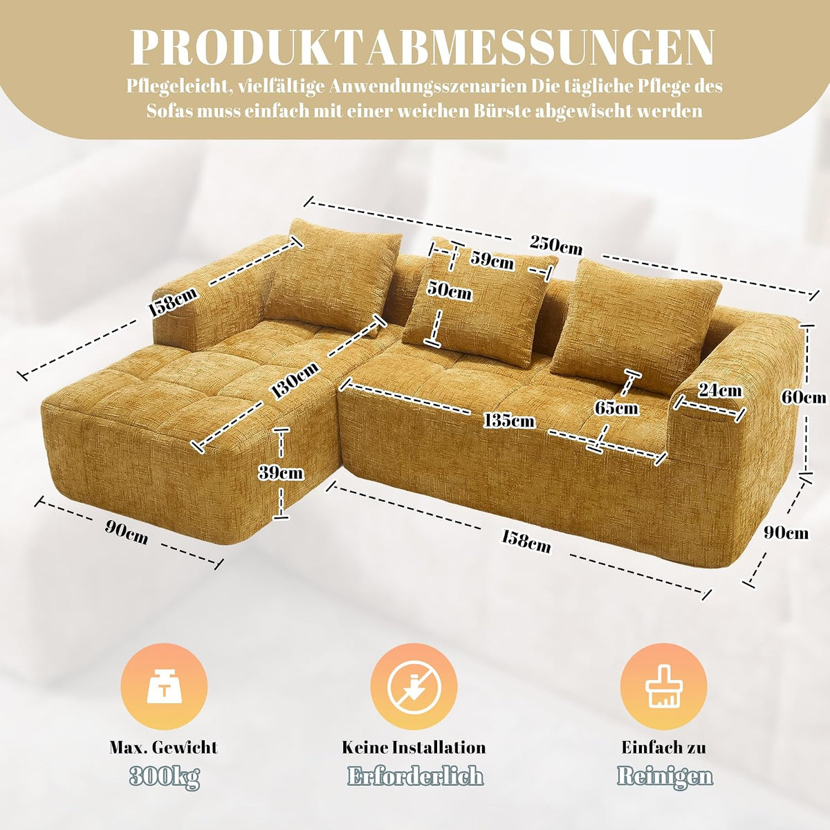 Soweiz Sofá L, seccional de 3 plazas, sofá con chaise longue y reposabrazos, 3 cojines, bolsillo lateral para mando a distancia, 250 x 158 x 60 cm