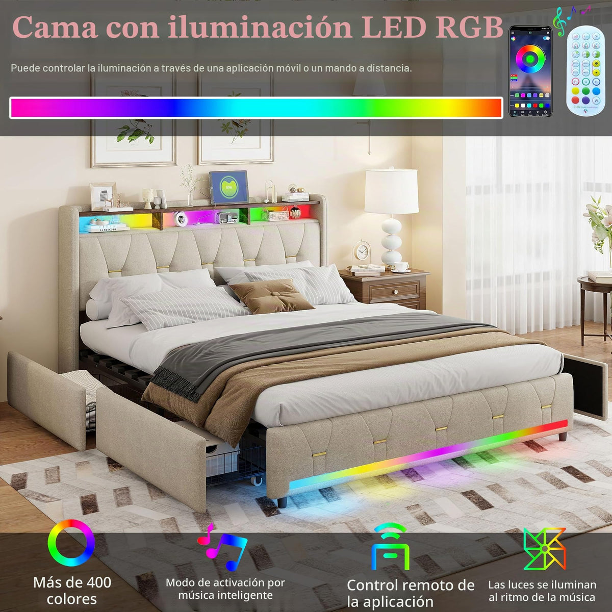 Estructura de Cama de Cuero 160x200cm con Carga USB Type-C, Blanco