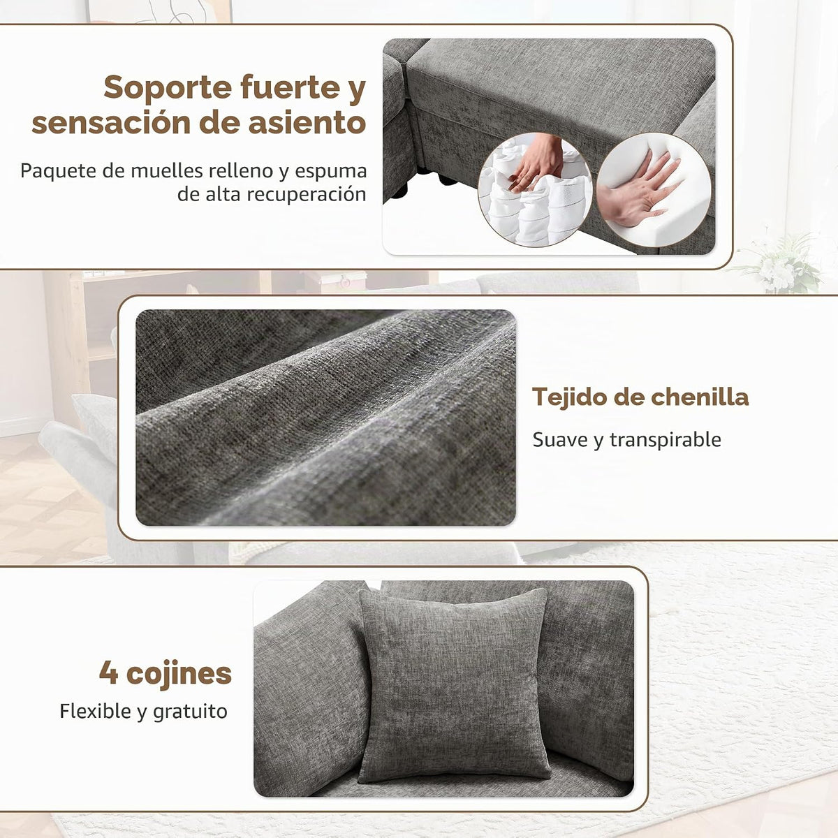 Soweiz Sofá de esquina en forma de L con reposapiés, sofá cama convertible de 3 plazas, 4 cojines, brazos ajustables, tejido chenilla, adecuado para salón/oficina/apartamento, 218 x 156,5 x 86 cm