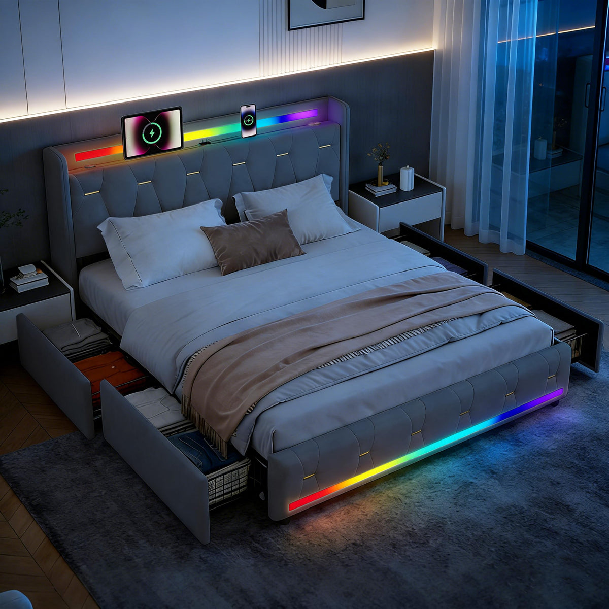 Estructura de Cama 140x200 cm con iluminación LED, Lino, Gris